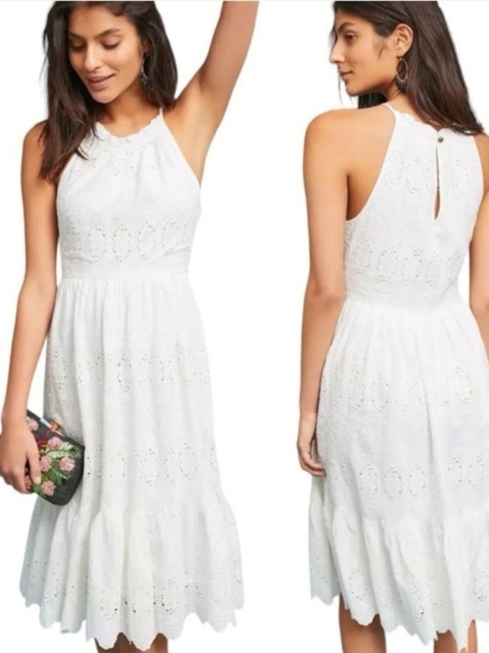 Maeve Anthropolgy Women's Size 4 White Eyelet Halter Midi Dress